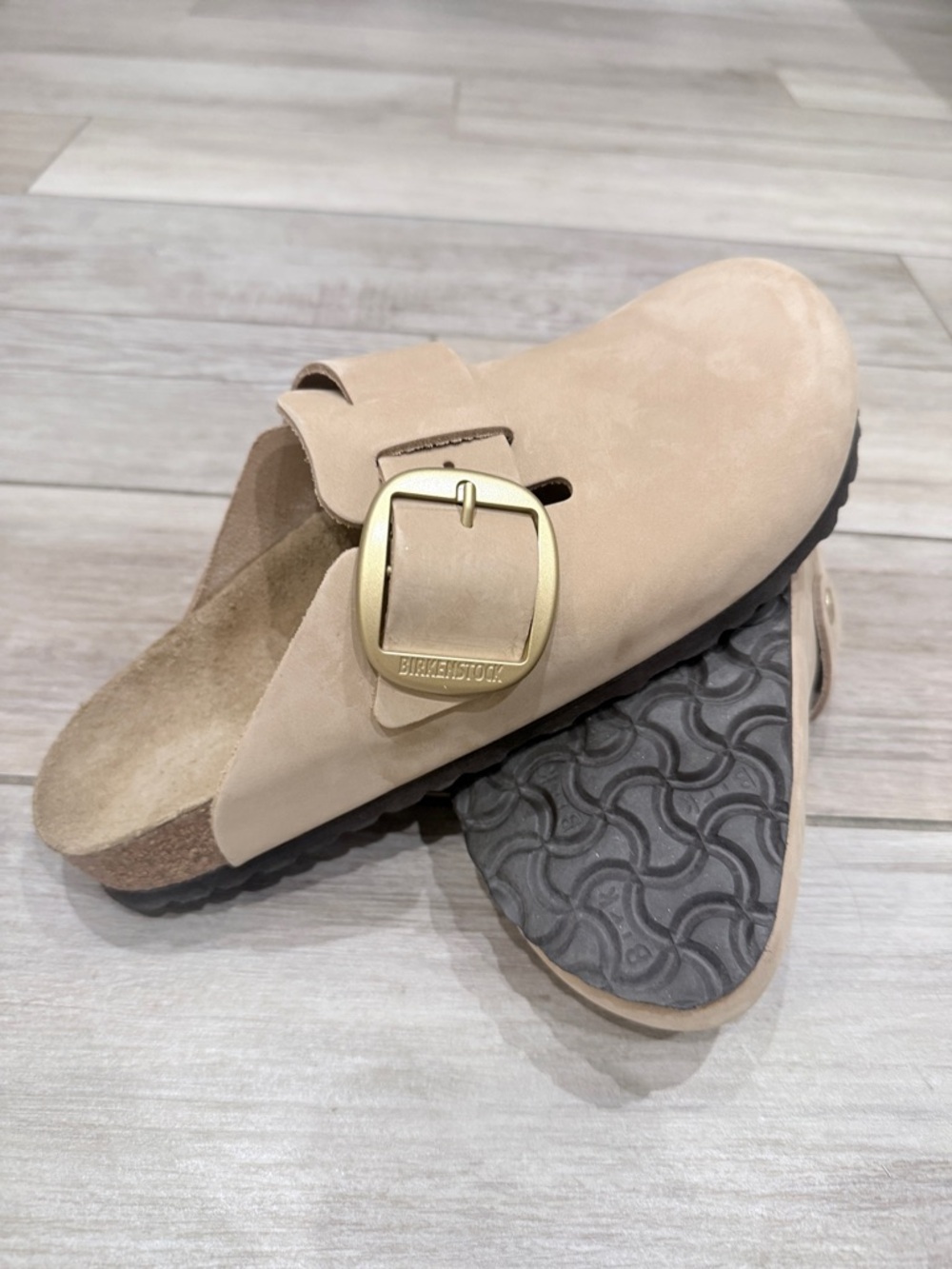 Birkenstock Boston Clog in Beige Suede with Gold Buckle